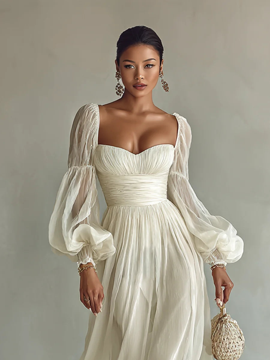 Chiffon Maxi Dress – White Long Sleeve Square Neck Fitted Waist