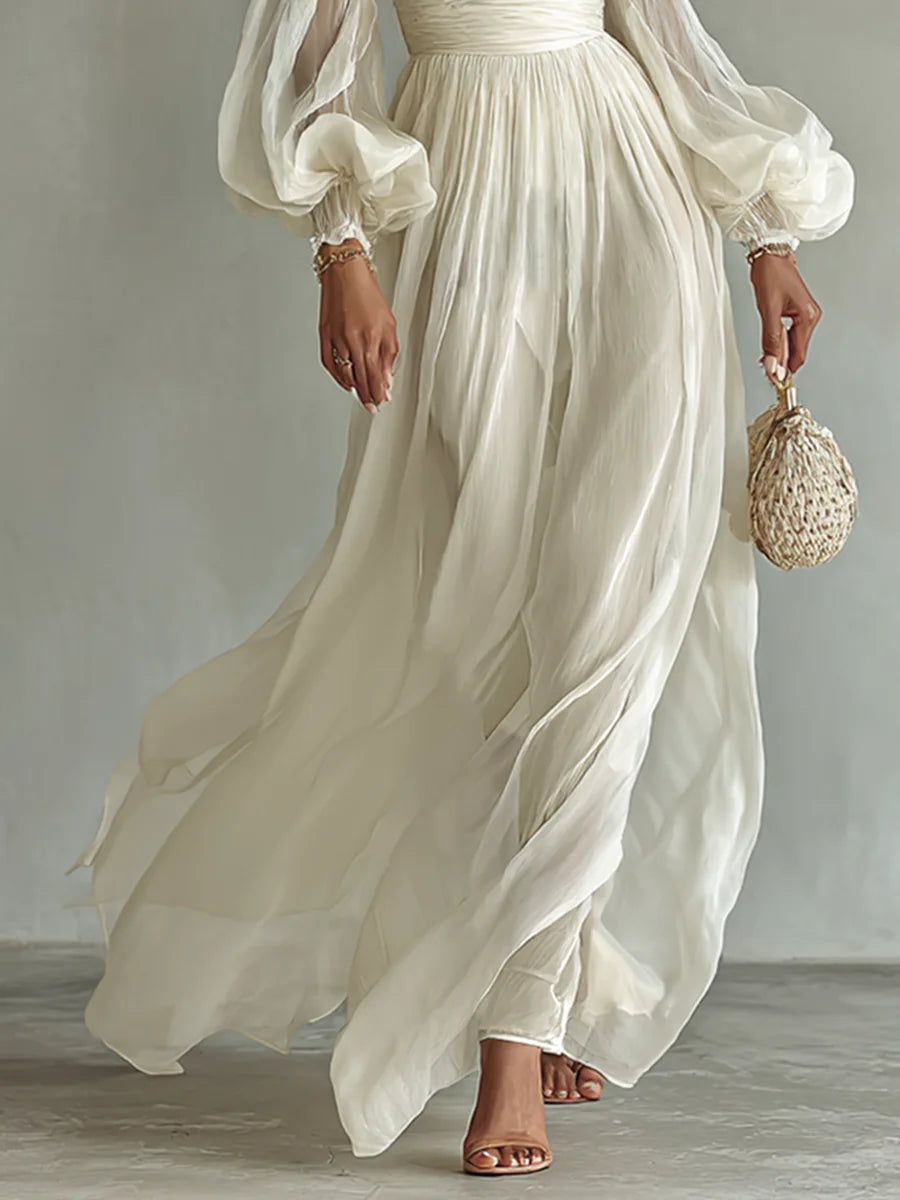 Chiffon Maxi Dress – White Long Sleeve Square Neck Fitted Waist