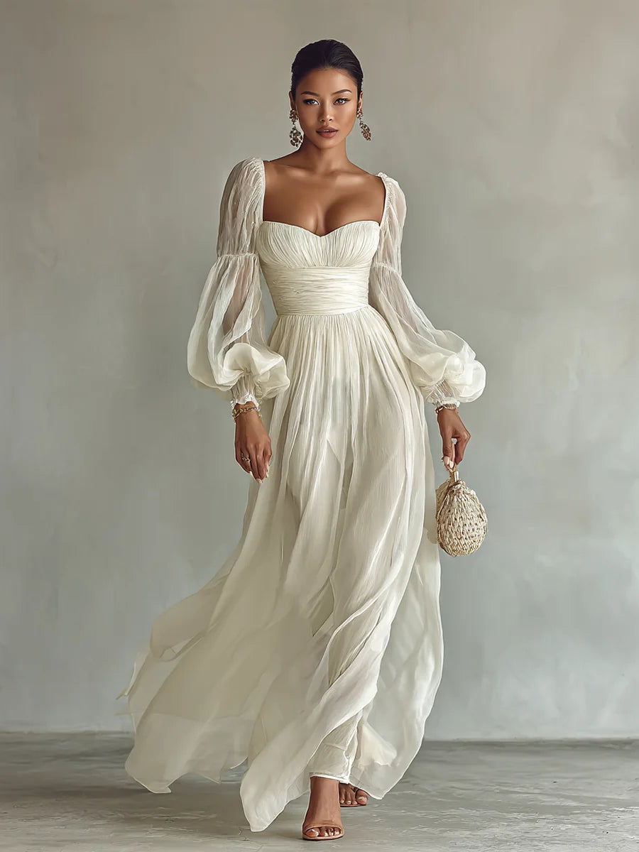 Chiffon Maxi Dress – White Long Sleeve Square Neck Fitted Waist
