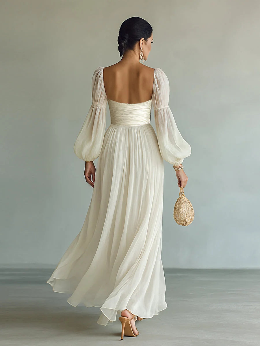 Chiffon Maxi Dress – White Long Sleeve Square Neck Fitted Waist