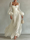 Chiffon Maxi Dress – White Long Sleeve Square Neck Fitted Waist