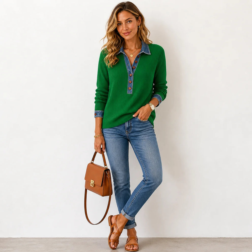 Color Block Waffle Knit Henley Sweater