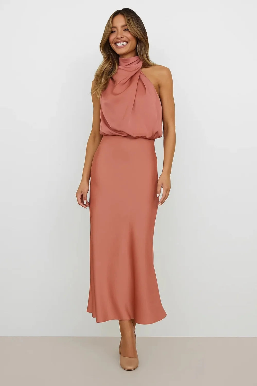 satin cowl neck maxi dress – Apricot