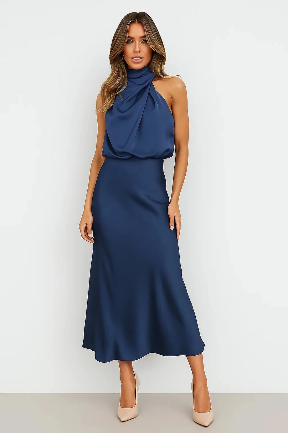 satin cowl neck maxi dress – Dark Blue