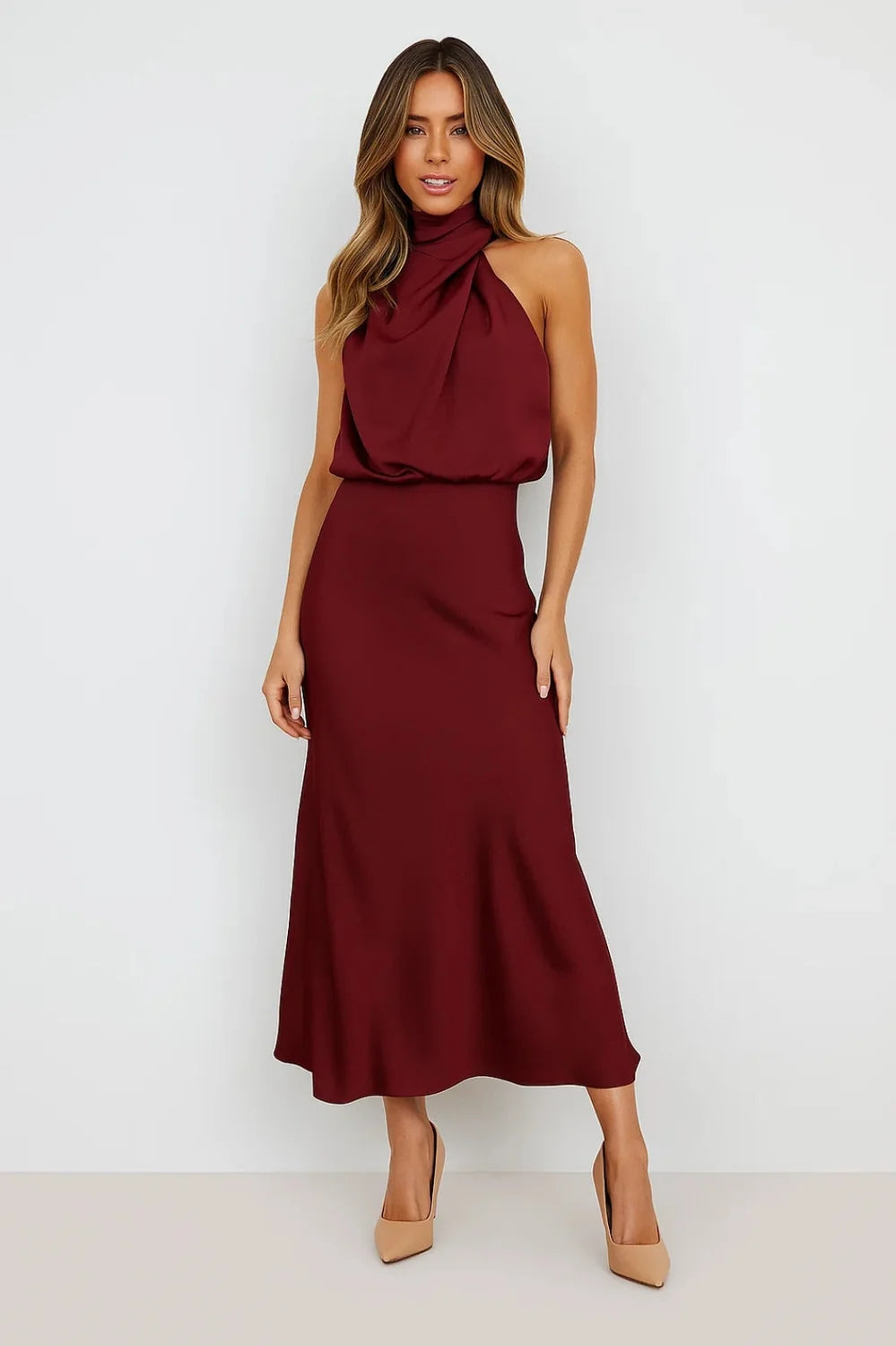 satin cowl neck maxi dress – Dark Red