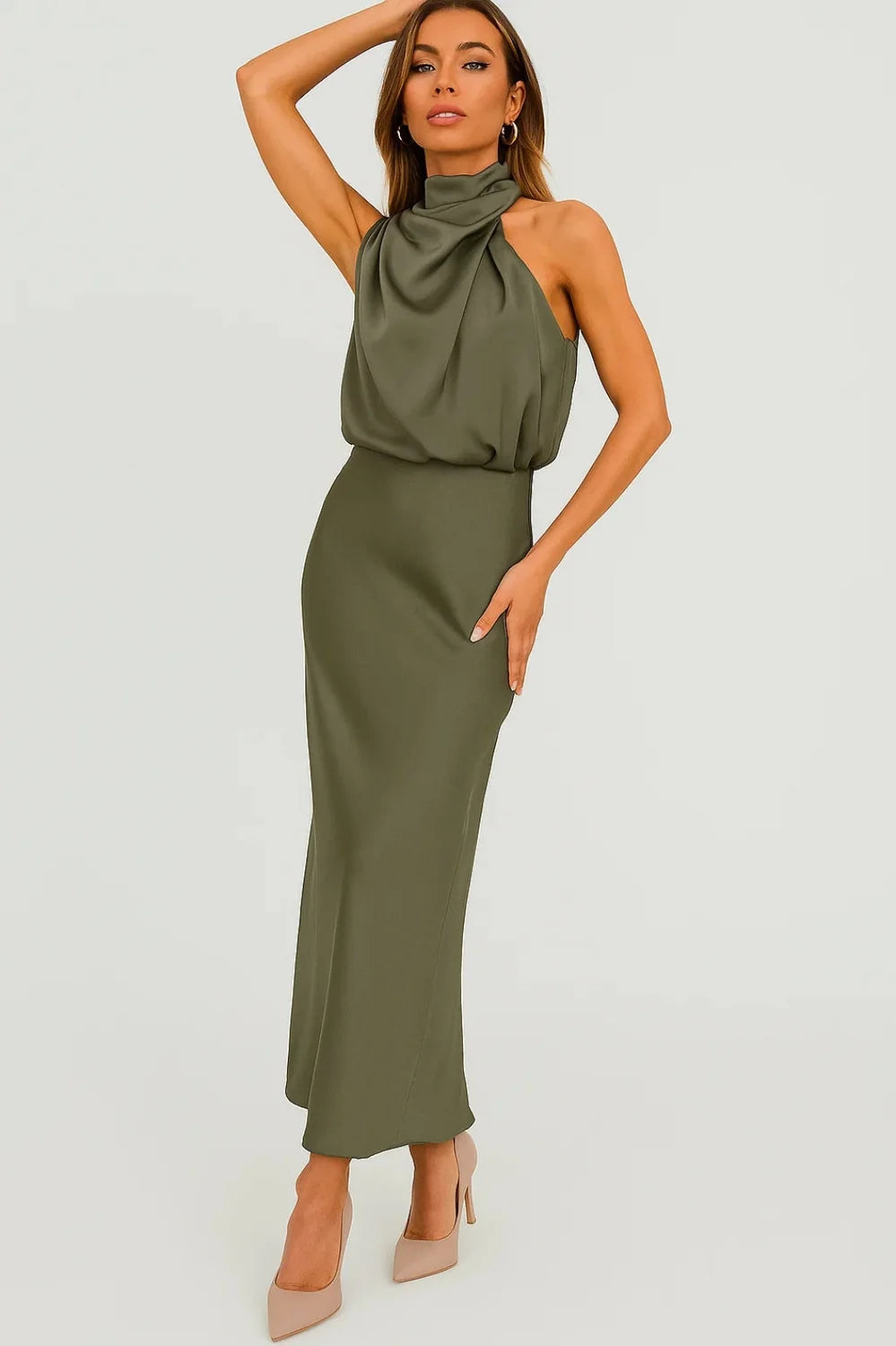 satin cowl neck maxi dress – Green