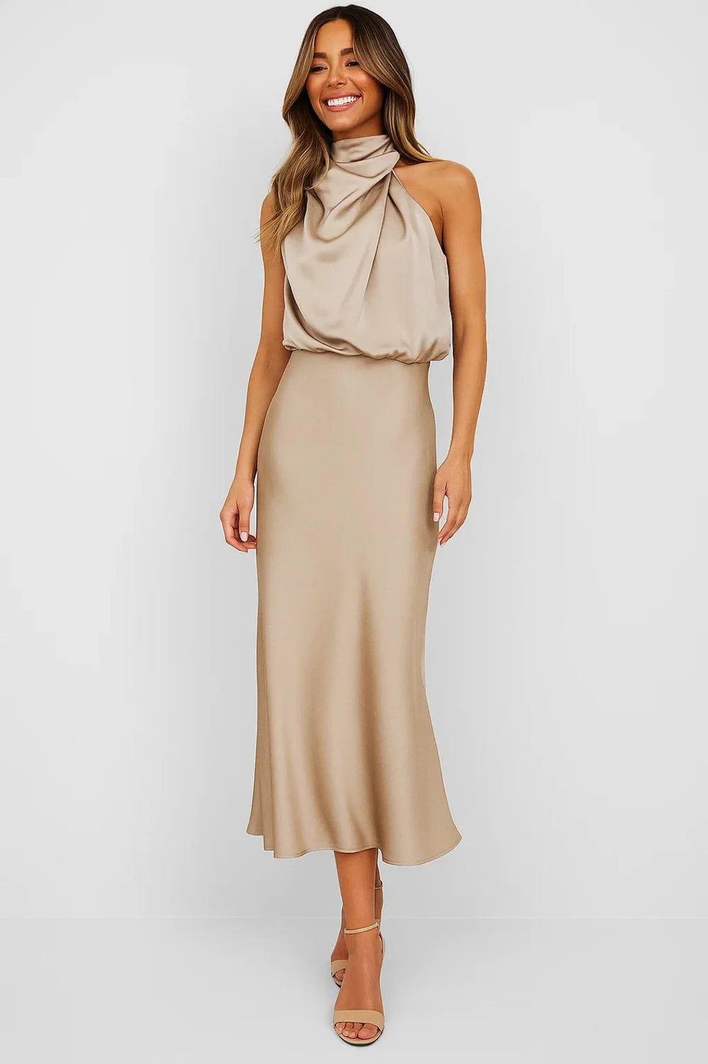 satin cowl neck maxi dress – Khaki