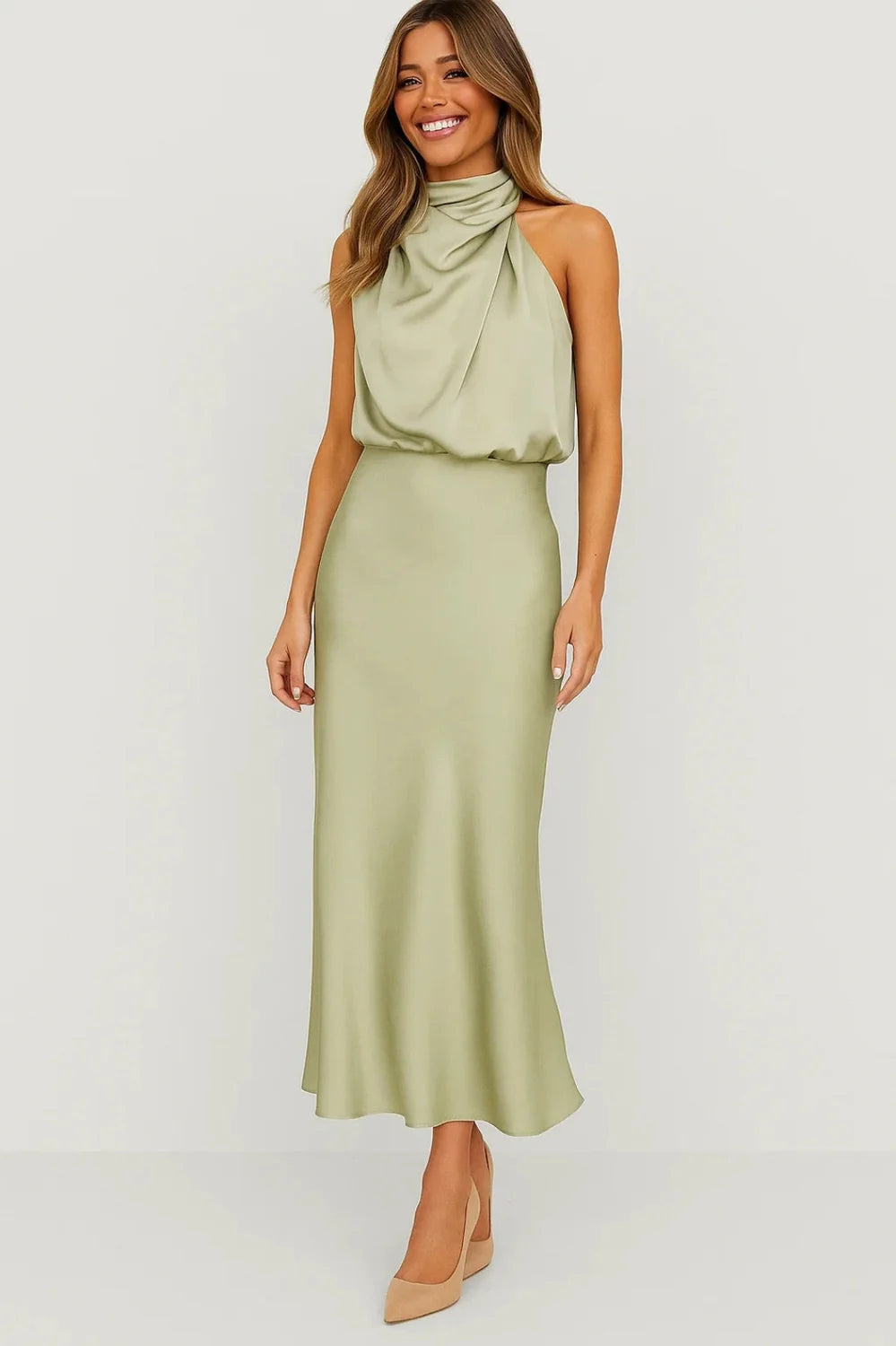 satin cowl neck maxi dress – Light Green