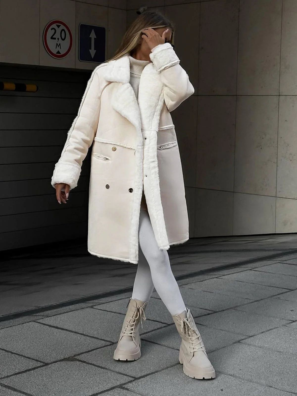 Faux Fur Coat – Beige Long Faux Shearling Coat Double Breasted