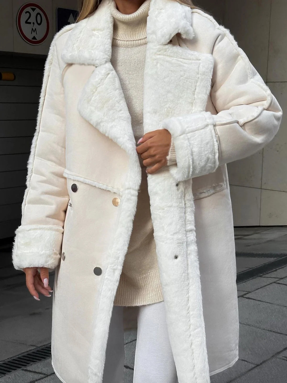 Faux Fur Coat – Beige Long Faux Shearling Coat Double Breasted