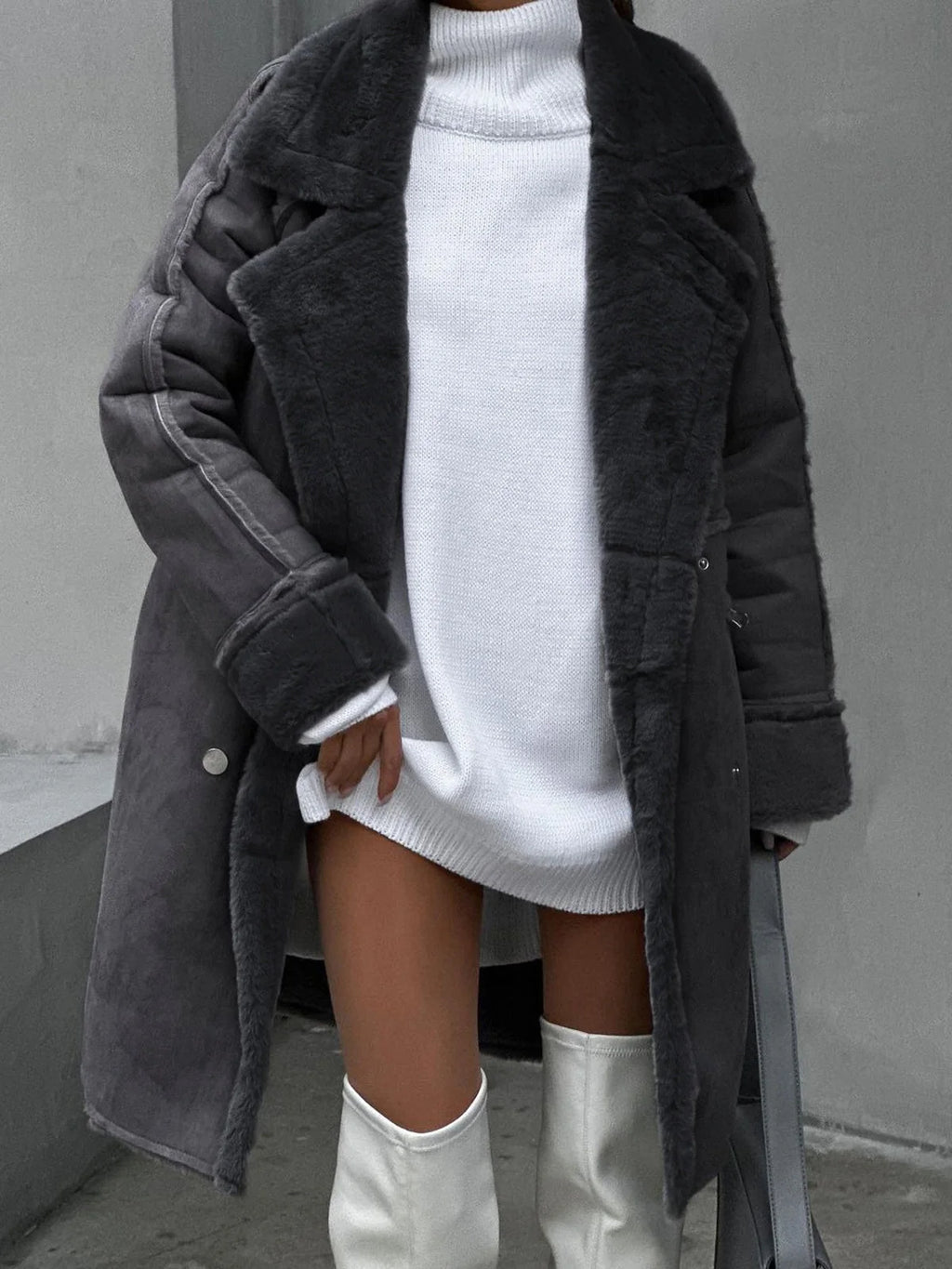 Faux Fur Coat – Beige Long Faux Shearling Coat Double Breasted