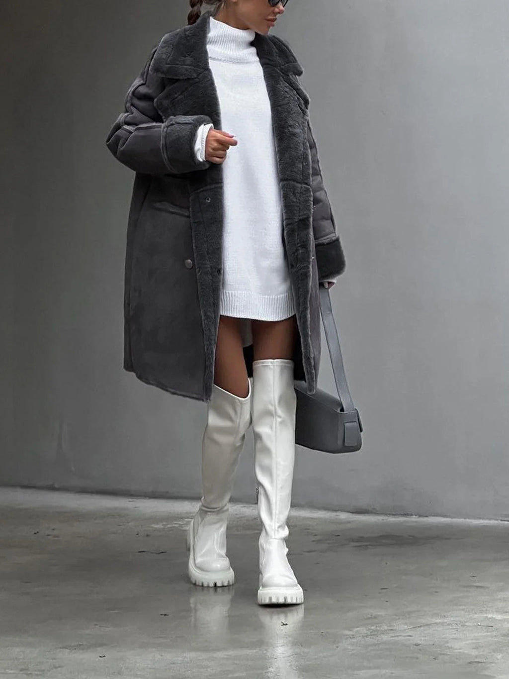 Faux Fur Coat – Beige Long Faux Shearling Coat Double Breasted