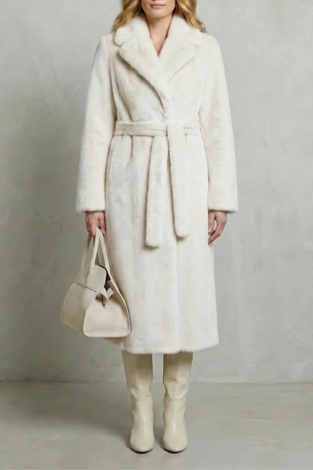 Faux Fur Coat – Ivory Long Belted Fur Coat Oversized