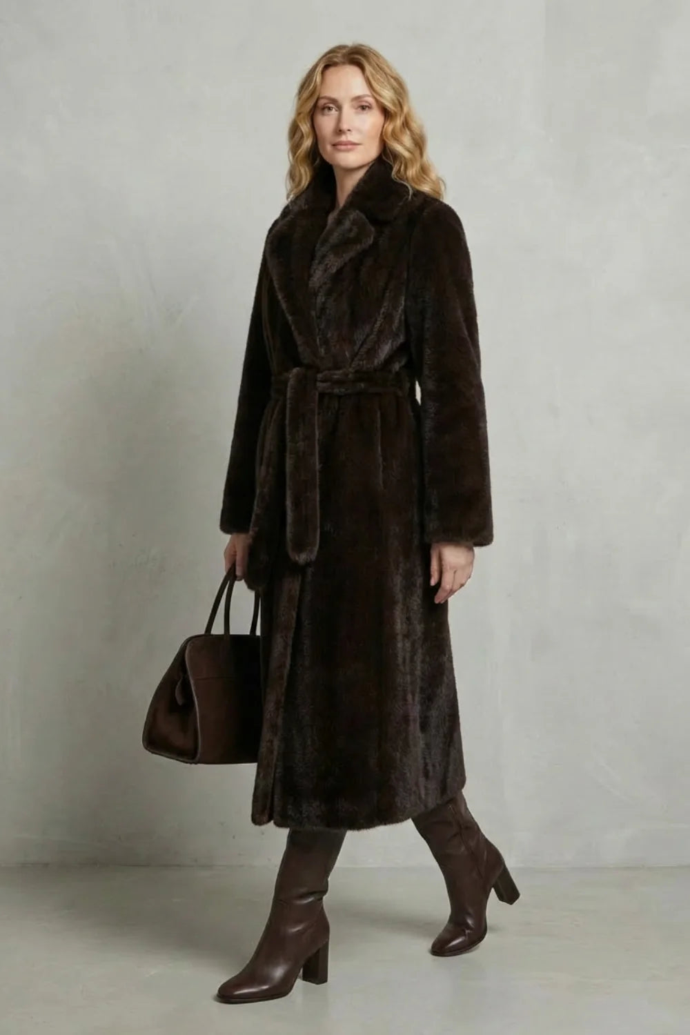 Faux Fur Coat – Ivory Long Belted Fur Coat Oversized