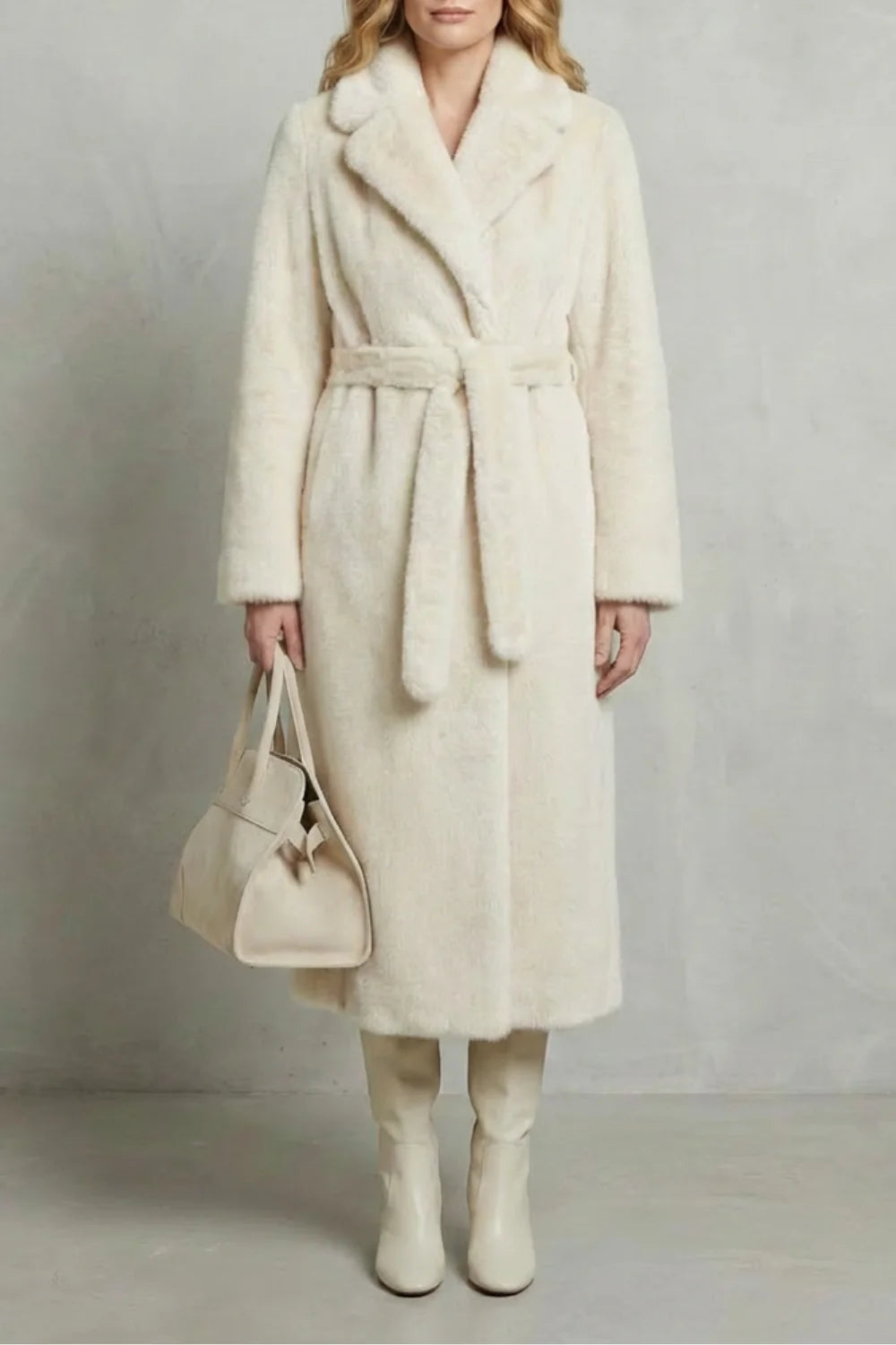 Faux Fur Coat – Ivory Long Belted Fur Coat Oversized