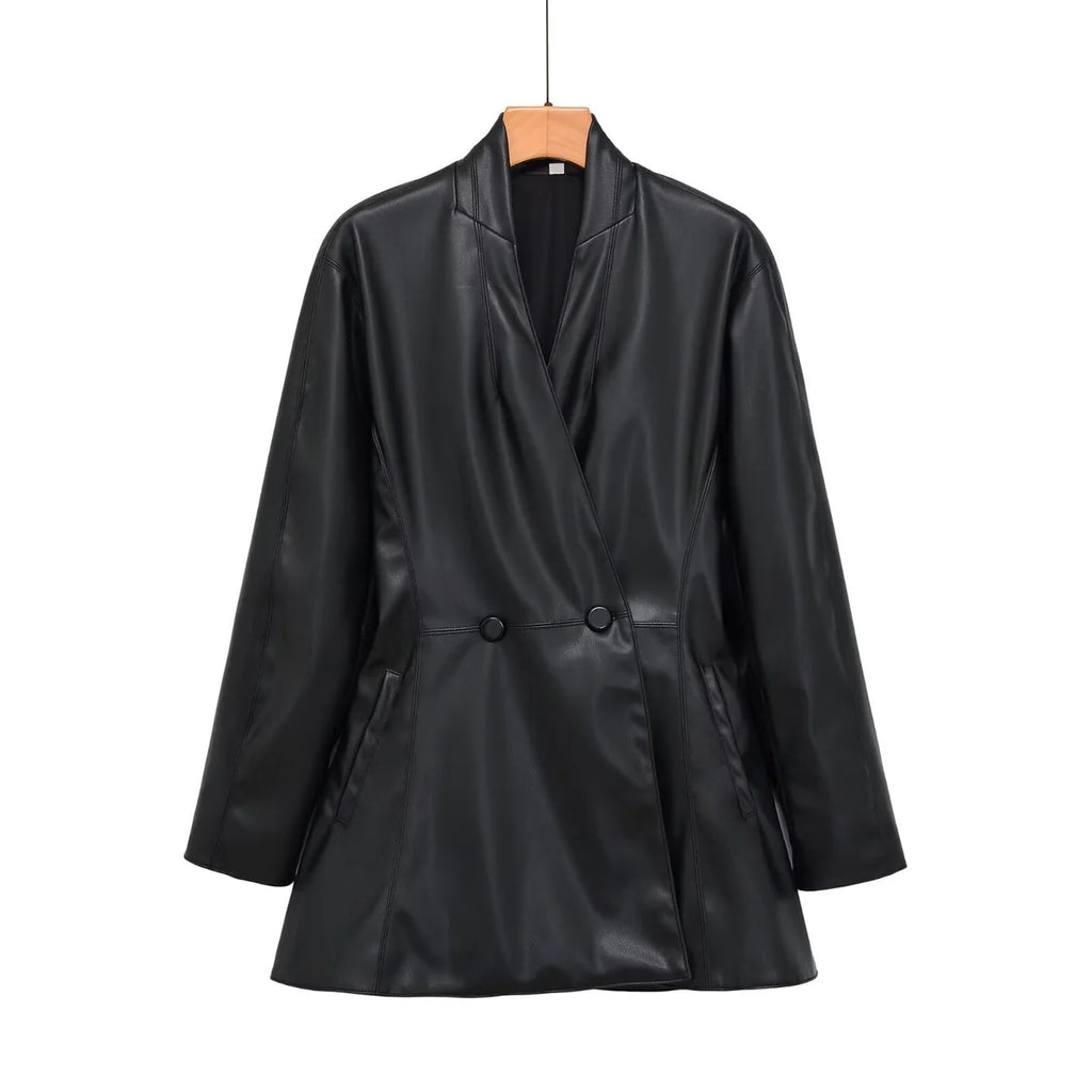 Faux Leather Coat Double Breasted Midi