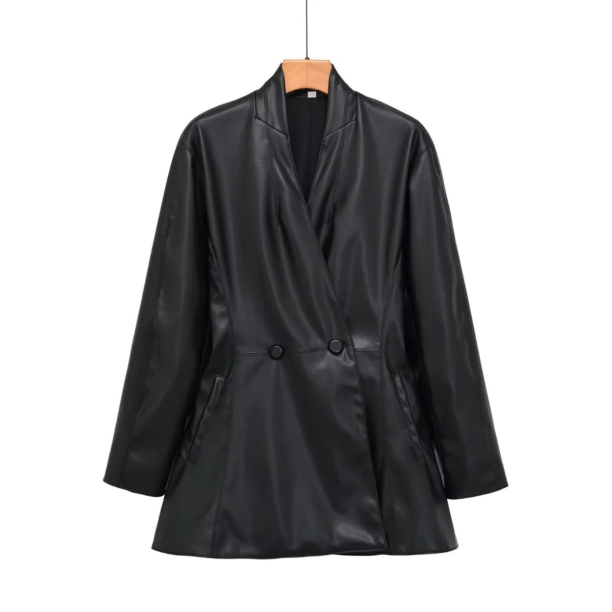 Faux Leather Coat Double Breasted Midi