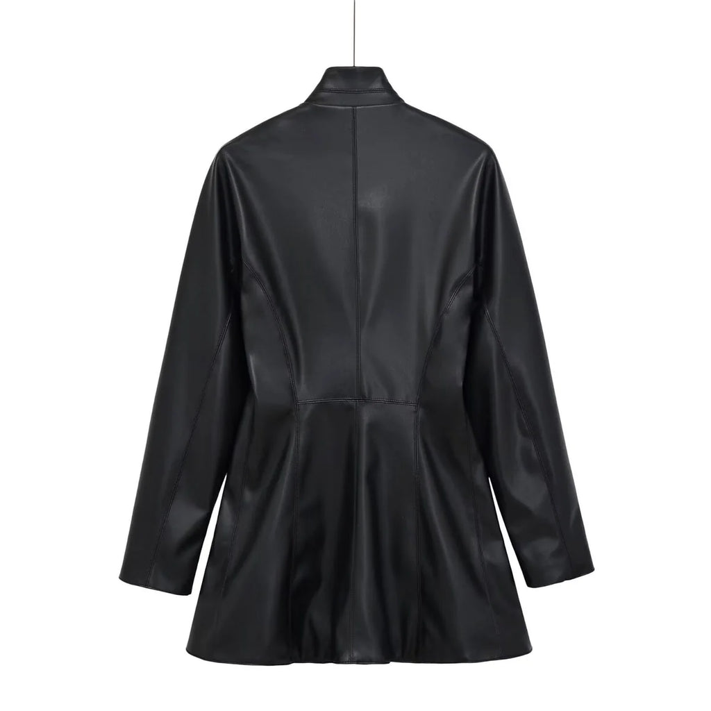 Faux Leather Coat Double Breasted Midi