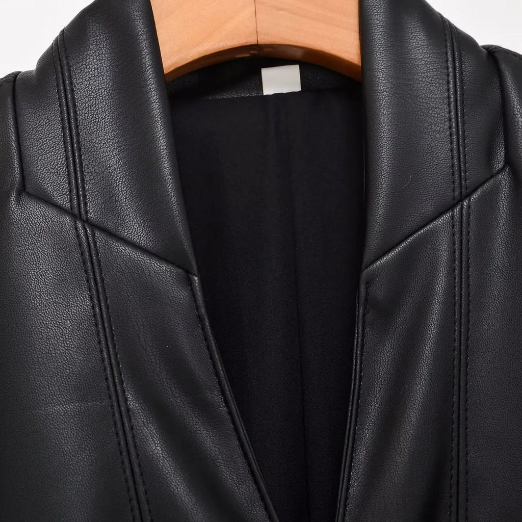 Faux Leather Coat Double Breasted Midi
