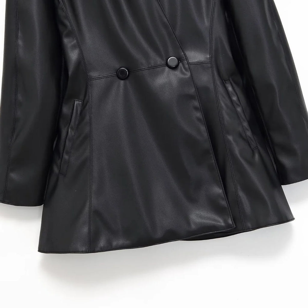 Faux Leather Coat Double Breasted Midi