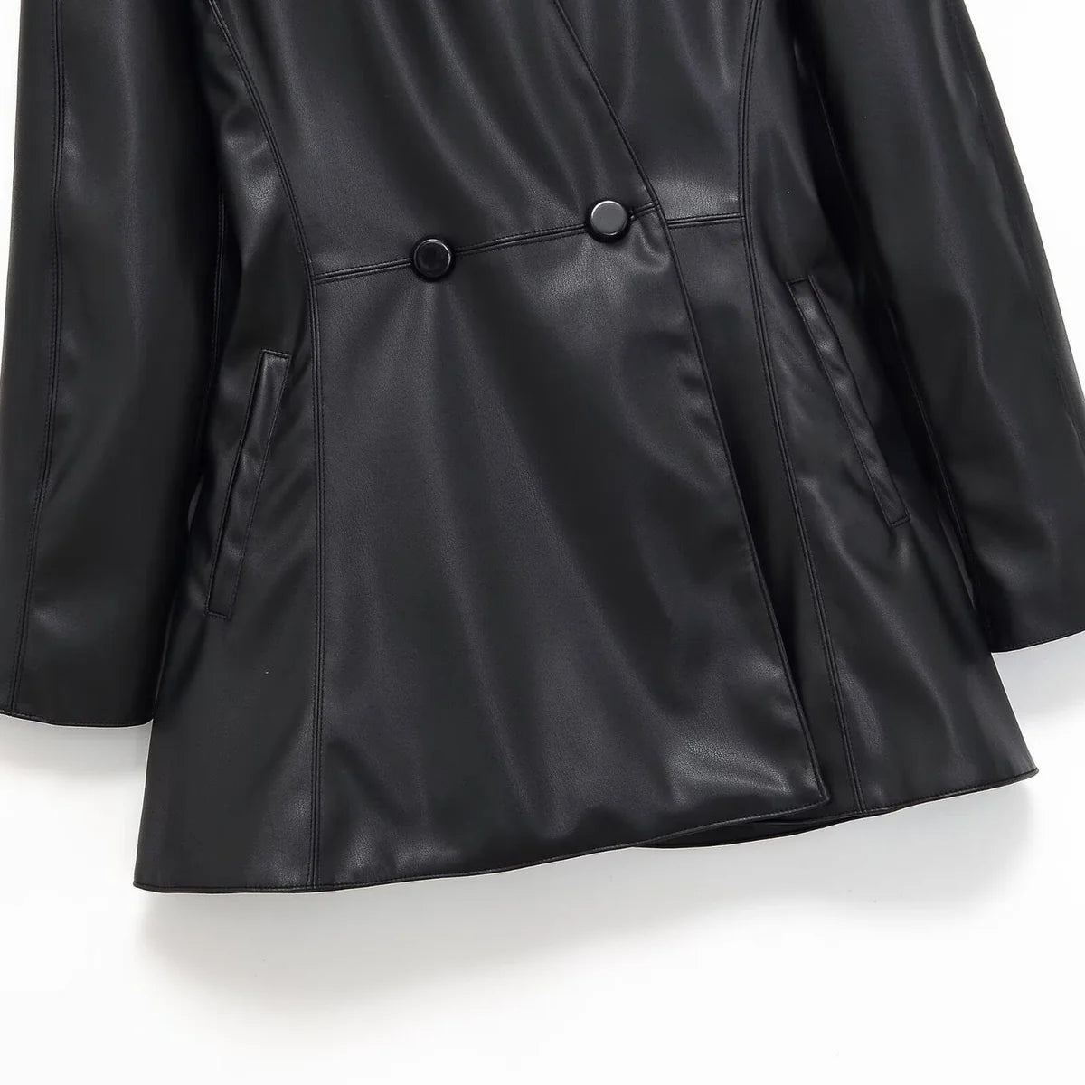 Faux Leather Coat Double Breasted Midi