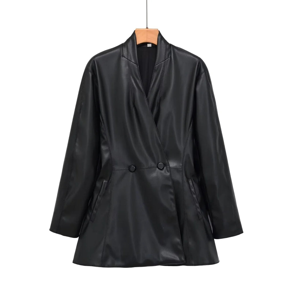 Faux Leather Coat Double Breasted Midi