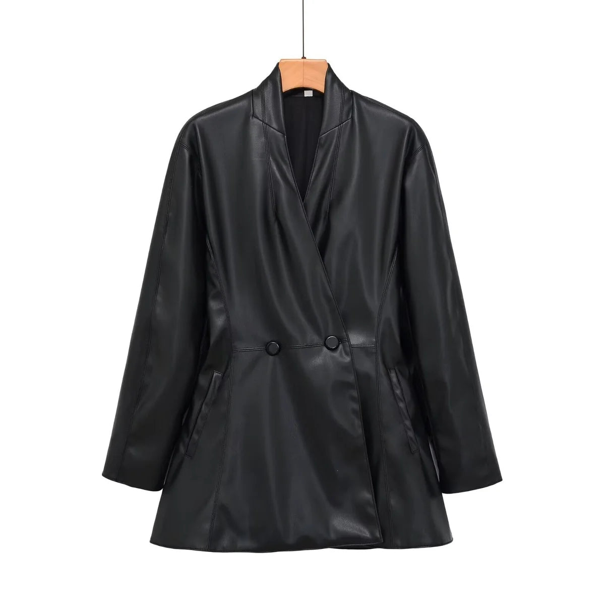Faux Leather Coat Double Breasted Midi