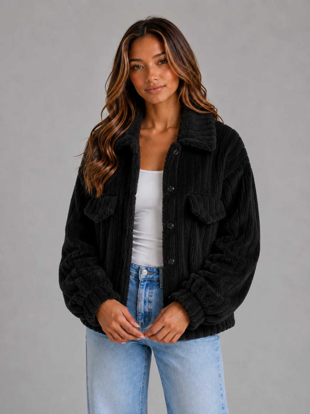 Fuzzy Cardigan – Cream Sherpa Teddy Jacket Button Up