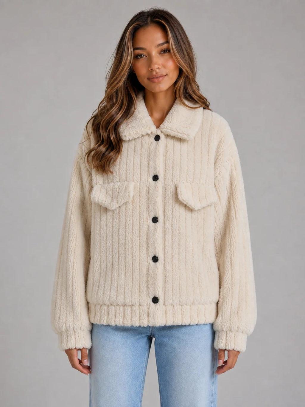 Fuzzy Cardigan – Cream Sherpa Teddy Jacket Button Up