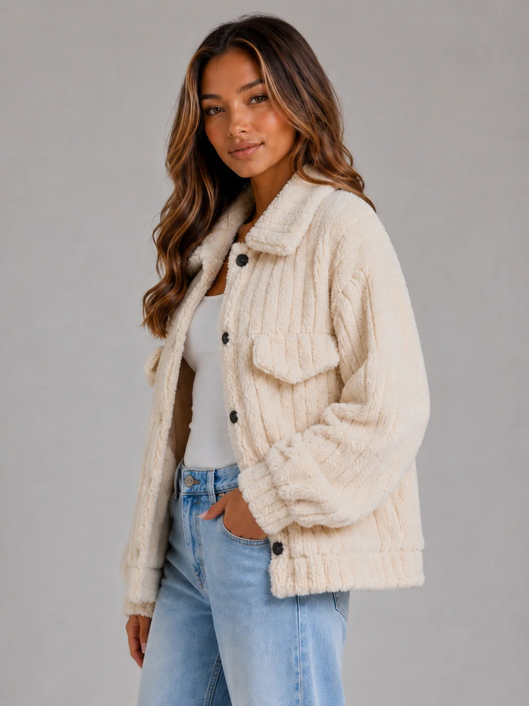 Fuzzy Cardigan – Cream Sherpa Teddy Jacket Button Up