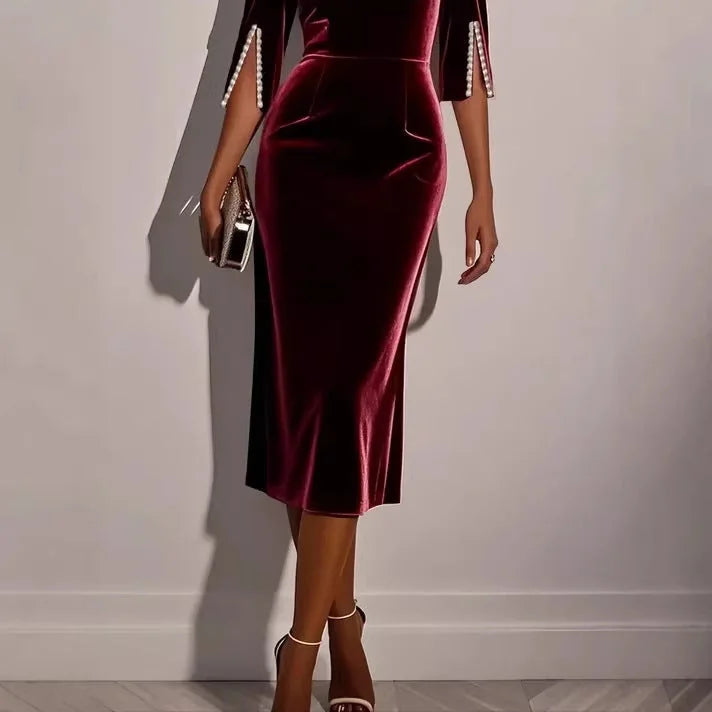 Josephine Fitted Midi Dress Cape Sleeve Boat Neck