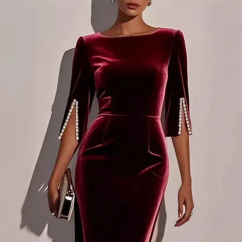 Josephine Fitted Midi Dress Cape Sleeve Boat Neck