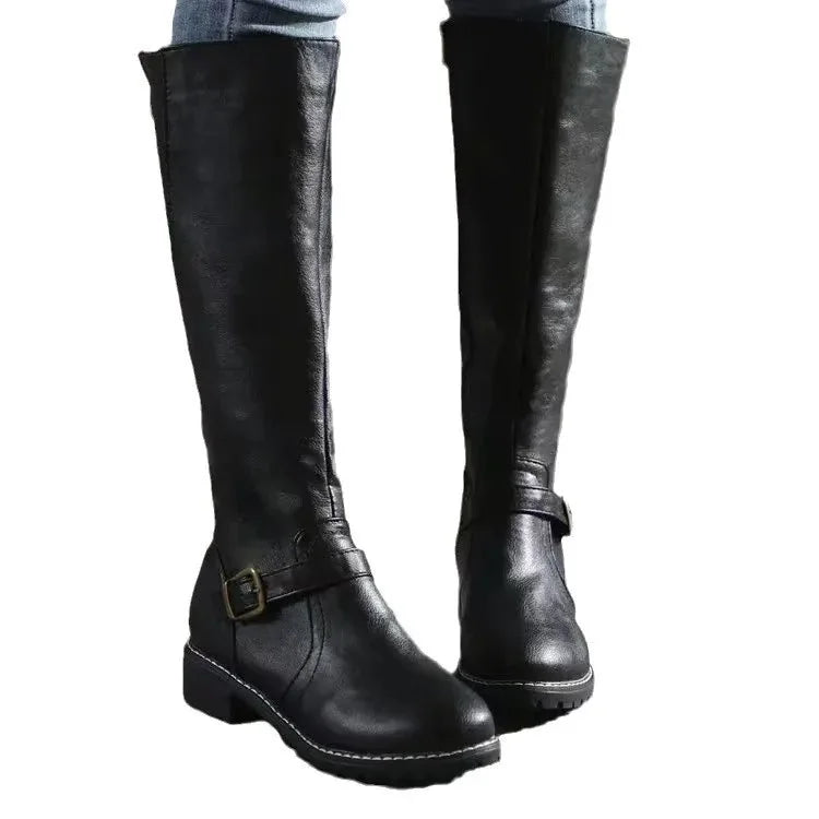 leather boots women knee high – Black