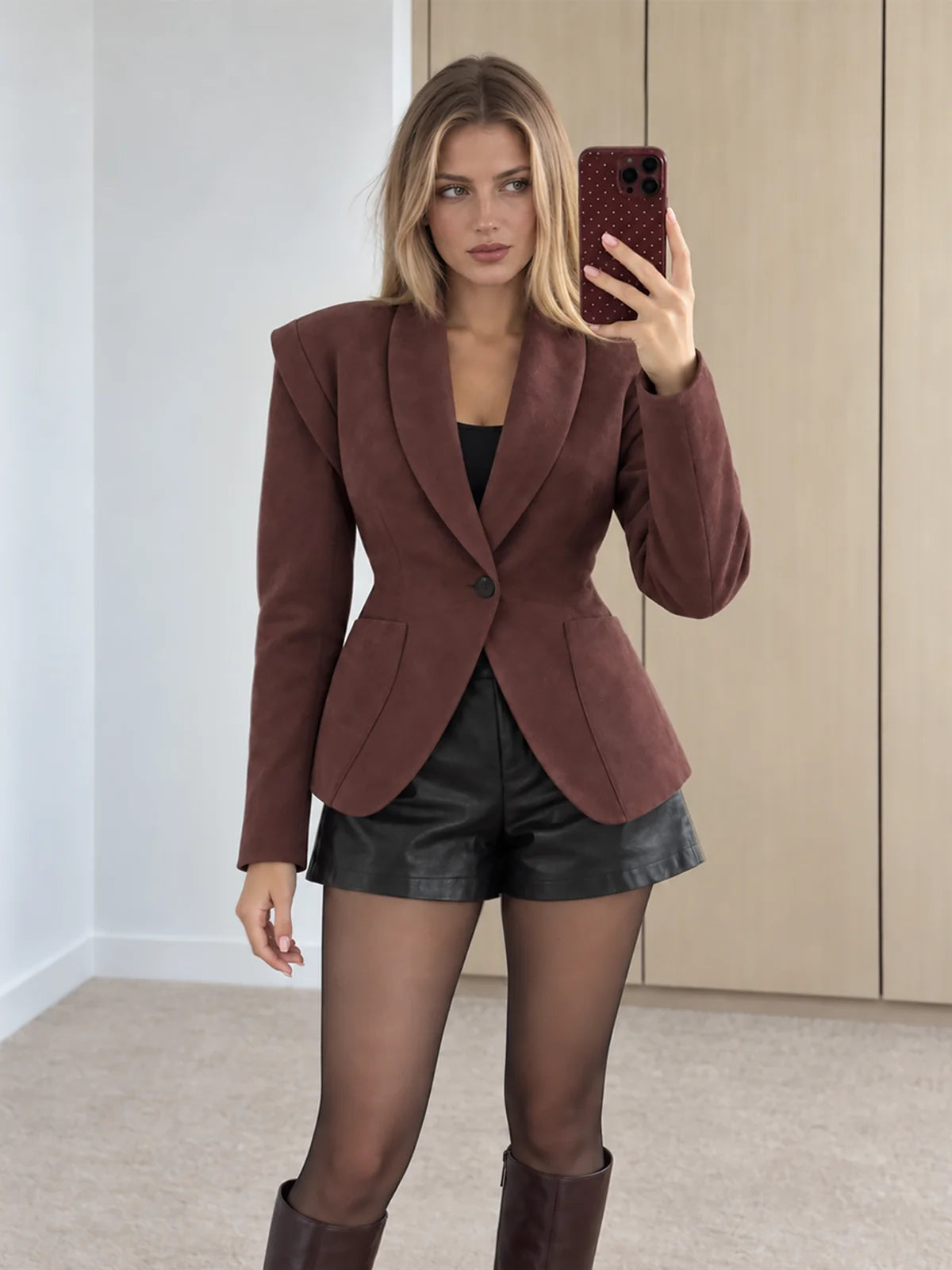Leonora Faux Suede Blazer Fitted Waist Long Sleeve