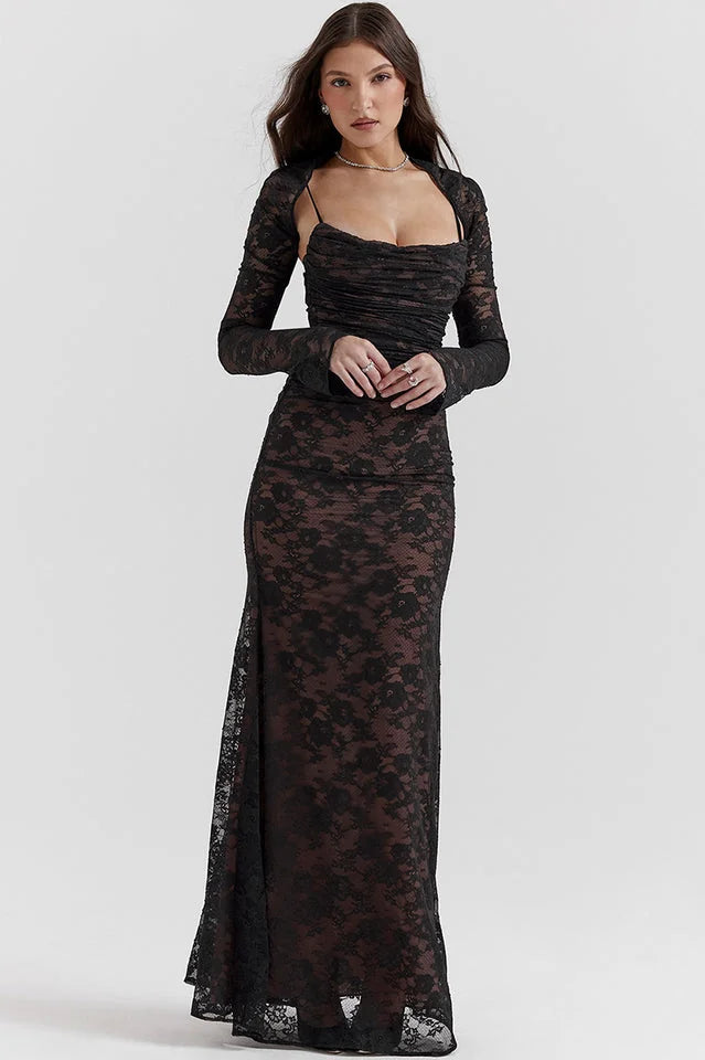 Long Sleeve Lace Maxi Dress with Corset Back
