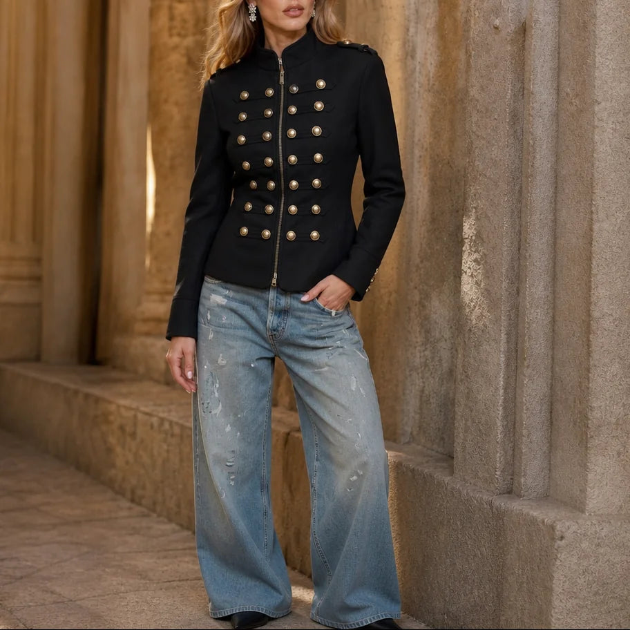 Military Blazer – White Stand-Collar Double-Row Button Front