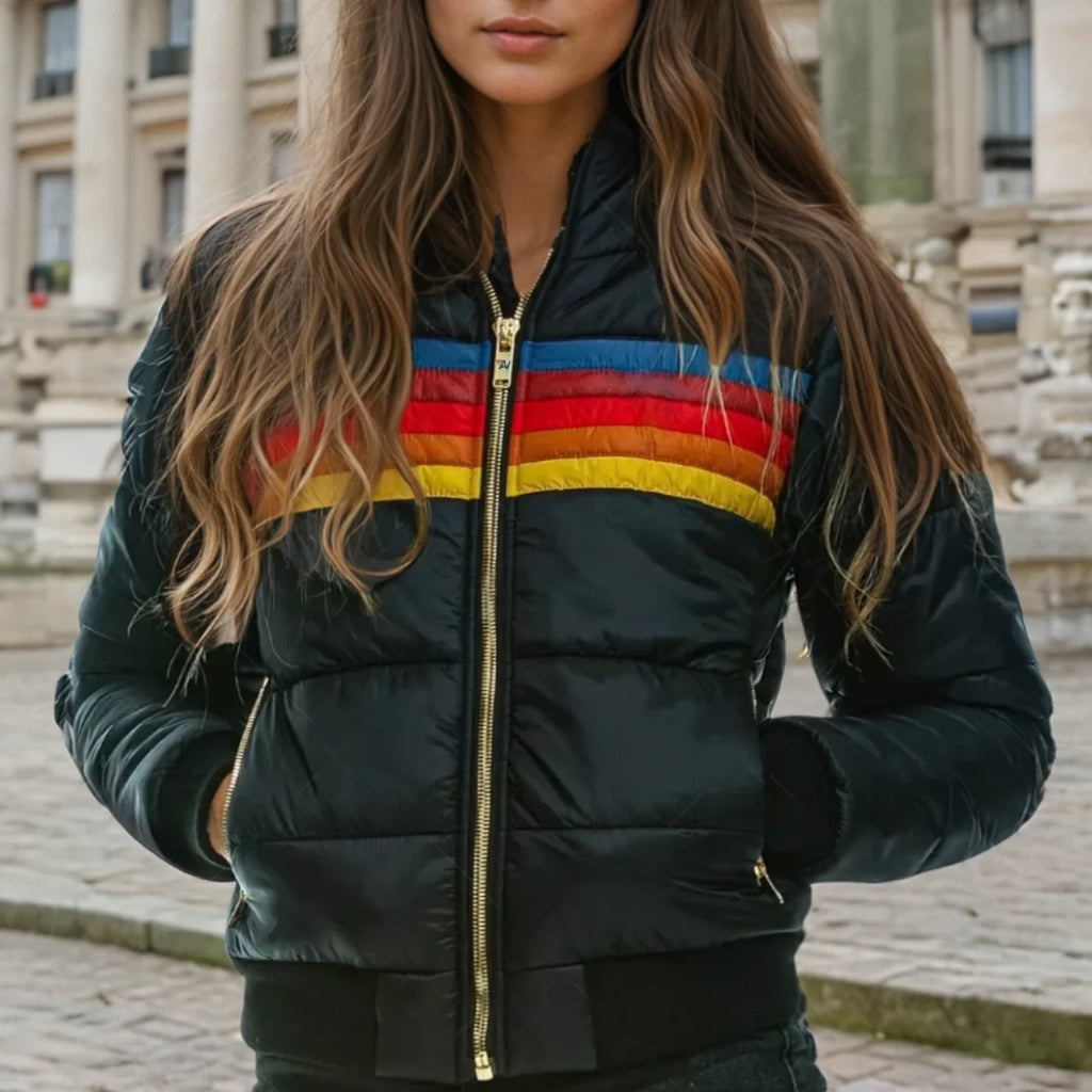 Navy Puffer Jacket – Retro Striped Hooded with Zip Pockets