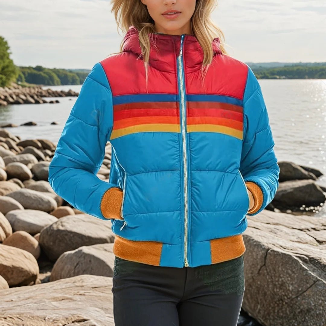 Navy Puffer Jacket – Retro Striped Hooded with Zip Pockets
