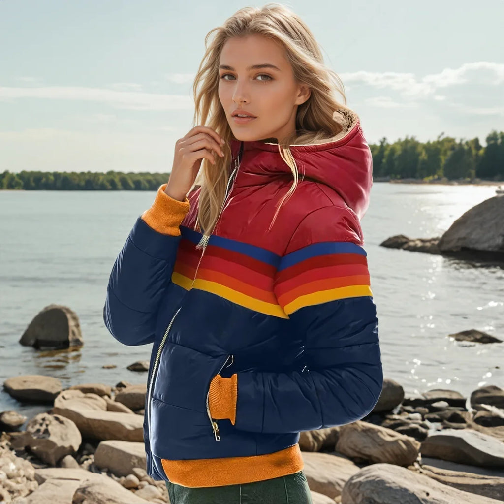 Navy Puffer Jacket – Retro Striped Hooded with Zip Pockets