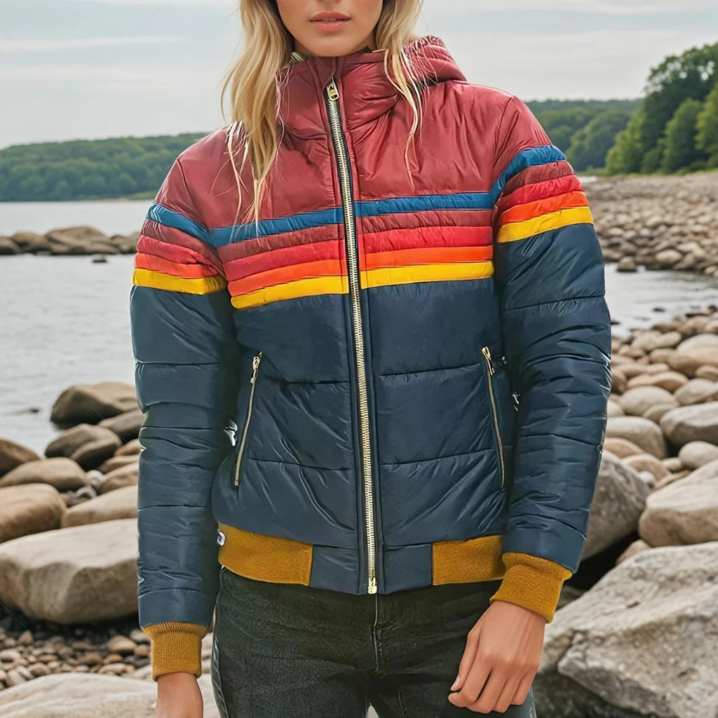 Navy Puffer Jacket – Retro Striped Hooded with Zip Pockets