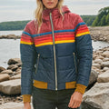 Navy Puffer Jacket – Retro Striped Hooded with Zip Pockets