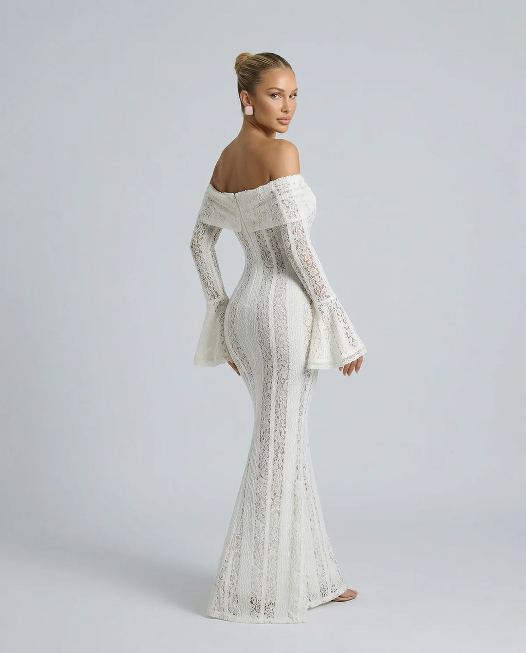 Off Shoulder Lace Maxi Dress with Long Sleeves