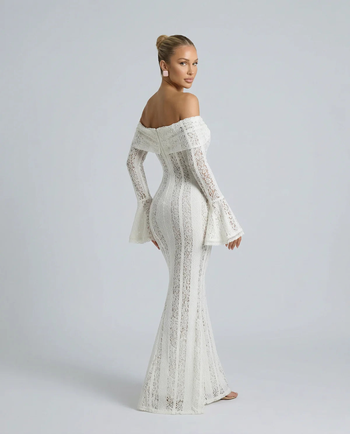 Off Shoulder Lace Maxi Dress with Long Sleeves