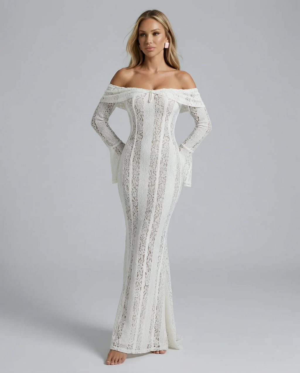 Off Shoulder Lace Maxi Dress with Long Sleeves