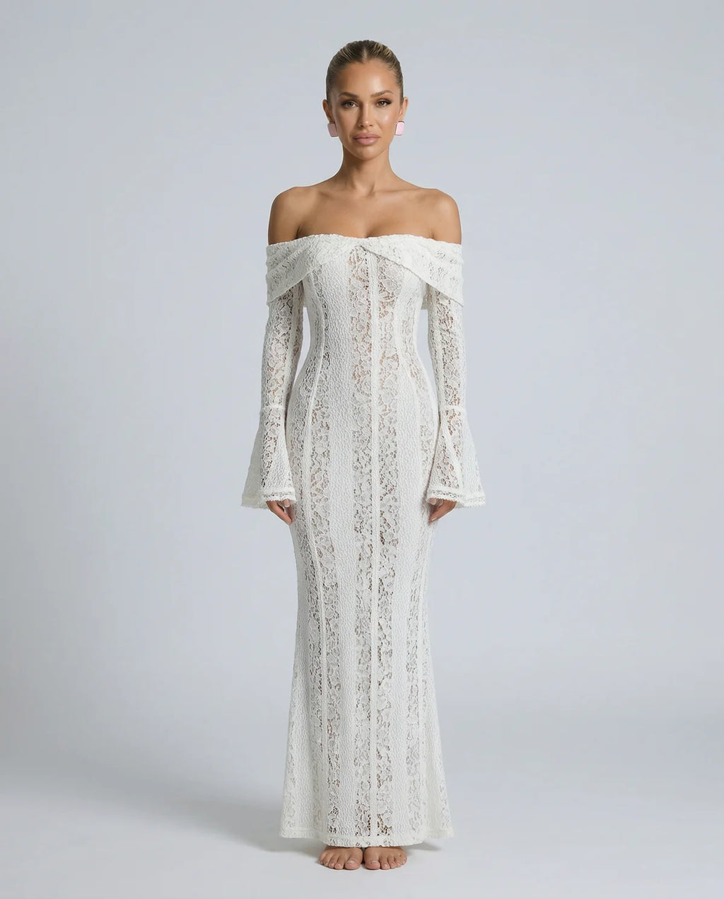 Off Shoulder Lace Maxi Dress with Long Sleeves