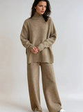 Pants Set – Beige High Neck Knit Sweater Set Wide Leg Pants