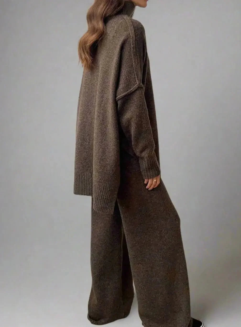 Pants Set – Beige High Neck Knit Sweater Set Wide Leg Pants