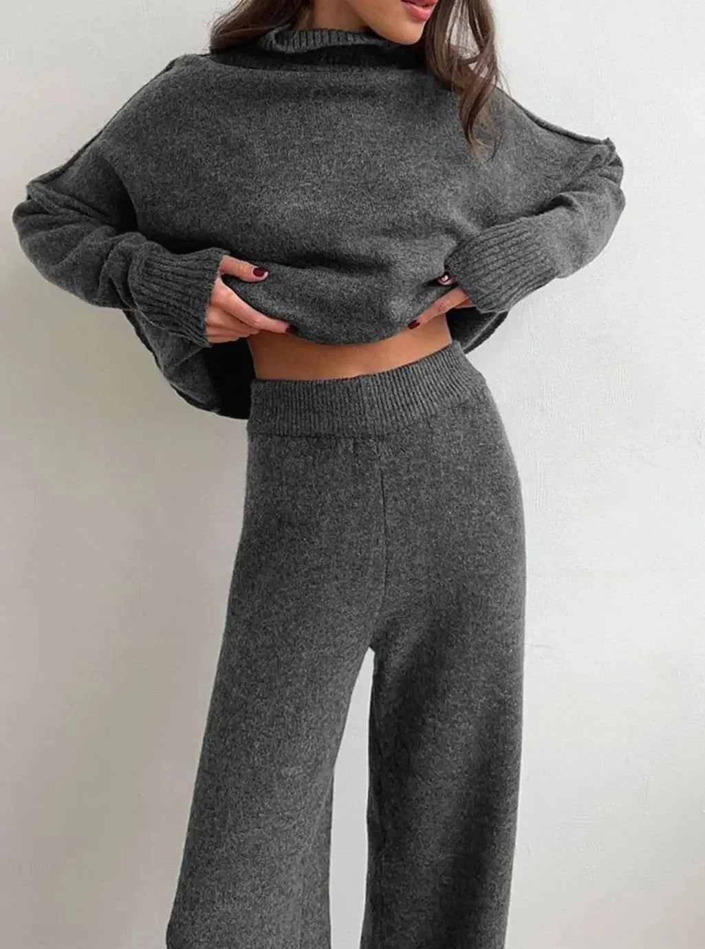 Pants Set – Beige High Neck Knit Sweater Set Wide Leg Pants