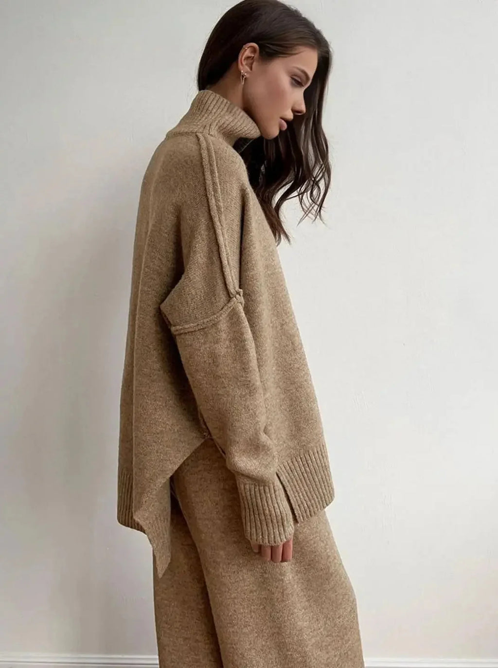 Pants Set – Beige High Neck Knit Sweater Set Wide Leg Pants