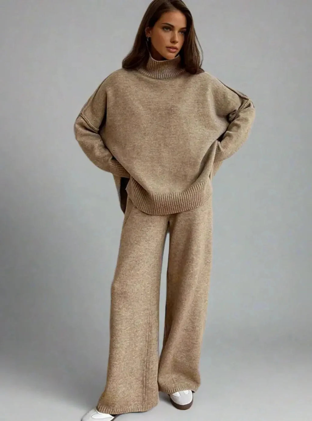 Pants Set – Beige High Neck Knit Sweater Set Wide Leg Pants